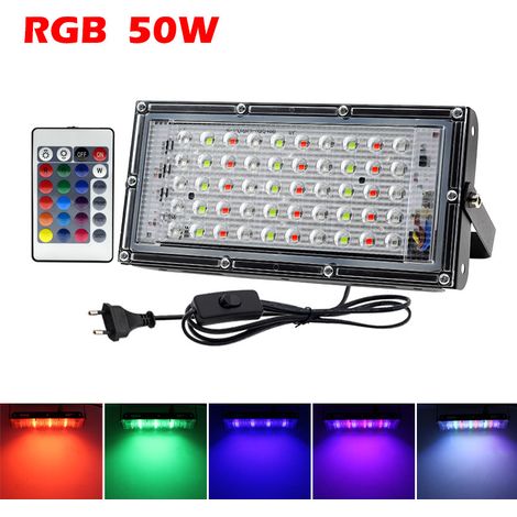 Projecteur LED RGB 50 W pour éclairage extérieur – Projecteur paysager étanche IP65 avec télécommande sans fil pour changement de couleur, mode stroboscope et minuterie – Câble d’alimentation UE inclu