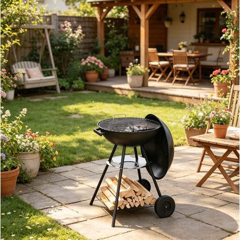 Gril à charbon rond robuste pour extérieur avec couvercle et grille de 42 cm, idéal pour jardin et camping (1/5)