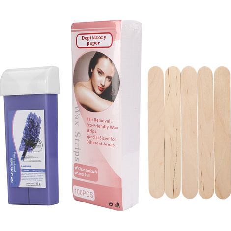 Kit de Cire Épilation 100g avec 100 Feuilles et 5 Spatules en Bois (Lavande) (1/4)