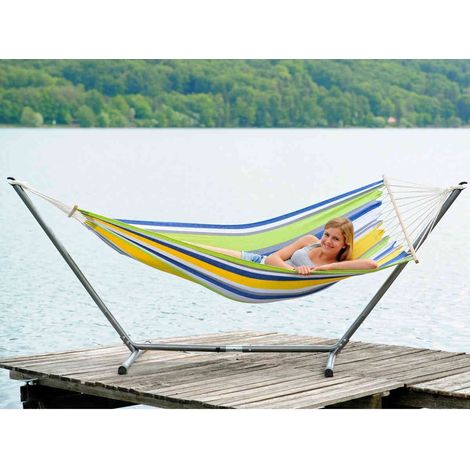 Hamac sur pied 1 place en polycoton – Charge maximale 120 kg – Dimensions 200 x 100 cm – Couleur Kolibri – Amazonas