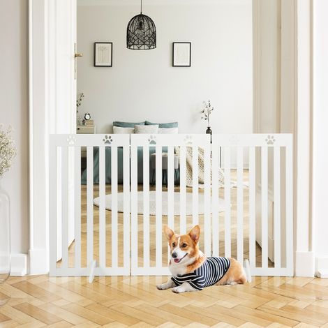 Barrière Autoportante pour Chien 3 Panneaux en Bois Charnières Métalliques à 360° sans Perçage pour Maison Escaliers Blanc Maison Chic (1/5)