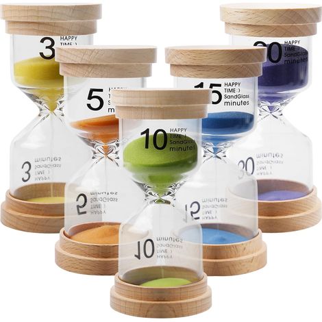 Lot de 5 sabliers colorés pour enfants, 3/5/10/15/30 minutes, sablier, minuteur à œufs, minuteur de cuisine, minuteur pour se brosser les dents, les jeux, la cuisine, la décoration, la maison, le (1/5)