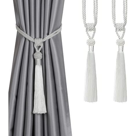 Lot de 2 embrasses de rideaux à longs pompons, faites à la main, en corde tressée, style européen, décoratives, pour la maison et le bureau (blanc) (1/5)