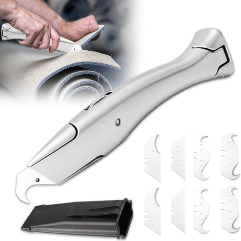 Cutter avec lame crochet et lame trapèze, aluminium, avec étui