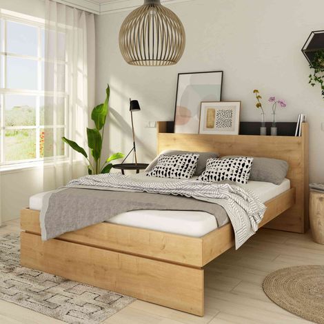 Lit avec tête de lit en bois imitation chêne 140x190 cm - LI9051 (1/4)