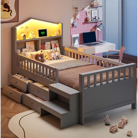 Kinderbett 90x200 cm Grau Massivholz mit Stauraum, LED-Beleuchtung, Ladeanschlüssen und Sicherheitsgittern (1/5)