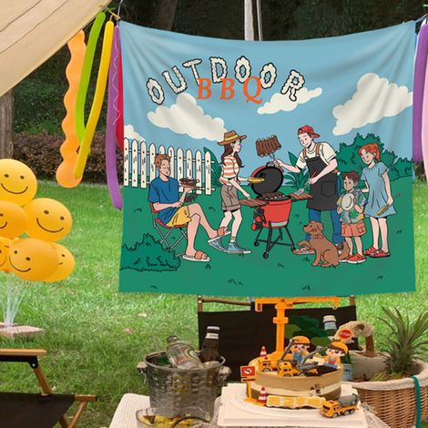 Tapisserie murale de camping style Instagram, décoration extérieure esthétique, 3 pièces, 130 x 150 cm (avec boutons pour cheveux courts). (1/5)