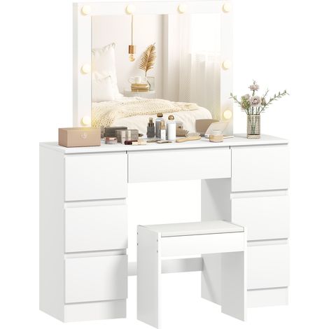 Coiffeuse 8 LED 3 couleurs, luminosité réglable, tabouret, 7 tiroirs, miroir Hollywood, chambre, 100x40x138 cm, blanche (1/5)