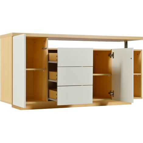 Madia multifunzione 140 cm bianca effetto legno, 2 ante, 3 cassetti, 2 vani aperti, LED, MODENUIT (1/5)