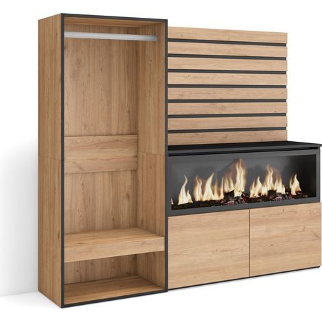 Skraut Home - Sideboard, Kommode, Aufbewahrungsschrank, 167x145x35 cm, Für Schlafzimmer, Zimmer, Elektrokamin XXL, Offener Kleiderschrank, Moderner Stil, Eiche
