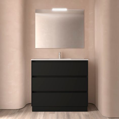 Salgar Noja Komplett-Set 1000 3 Schubladen BLACK SATIN + Waschtisch + Spiegel + Leucht (1/4)