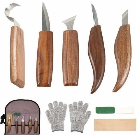 10Pcs Outils Sculpture sur Bois en Acier Carbone Ensemble d'outils de Sculpture sur Bois avec Couteau à Crochet Couteau à Découper Professionnels Outils de Gravure en Bois pour Travail du Bois (1/5)