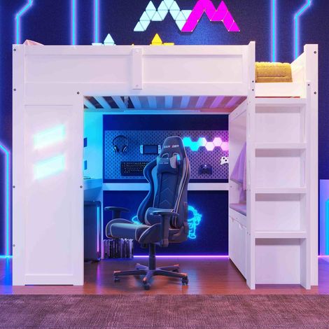 Lit mezzanine 90 x 200 cm style gaming avec bureau intégré, led, usb type-c et rangements (1/5)