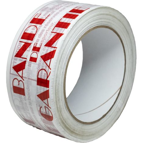 Cinta adhesiva de embalaje 28µ blanca impresa "BANDE DE GARANTIE" en rojo – cinta para envío 50 mm x 100 m