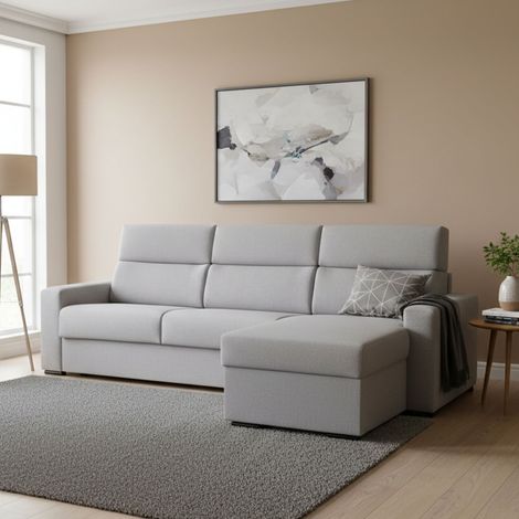 Sofa mit Ottomane, abziehbar, Stauraum, Made in Italy, wasserabweisend, wandelbar zum Bett, 280x160 cm, grau (1/5)