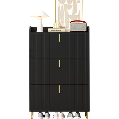 CHICFURN Zapatero 80 x 23,5 x 123,5 cm de MDF negro con 3 puertas abatibles (1/5)
