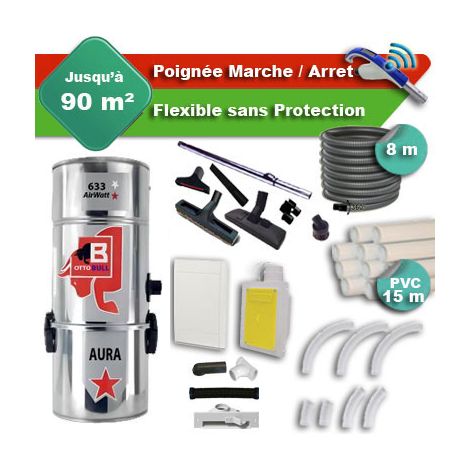 Aspiration centralisée avec sac OTTO BULL AURA 300 INOX garantie 2 ans + flexible rétractable 8 m + poignée marche/arrêt + 7 accessoires + kit 1 prise RETRAFLEX + kit prise balai (rayon d'action 90 m2 (1/5)