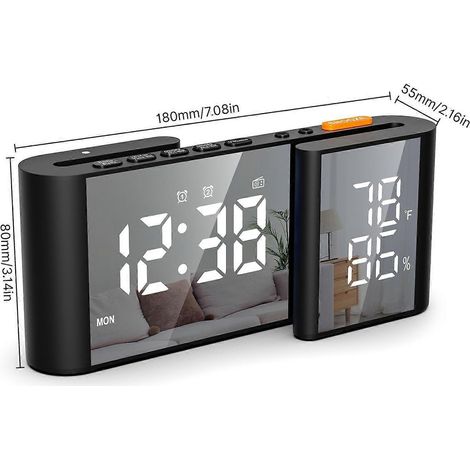 S-förmiger digitaler Wecker mit zwei Spiegeln, 6 Zoll dimmbarem, großem LED-Display, zwei Alarmfunktionen, Schlummerfunktion und Datumsanzeige