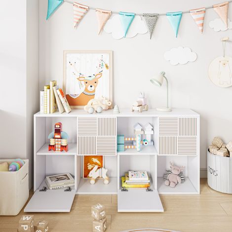 Vitrine de salon,Bibliothèque en bois pour enfants,8 compartiments cubiques avec 4 portes,4 étagères,armoire de rangement modulaire,Blanc (1/5)