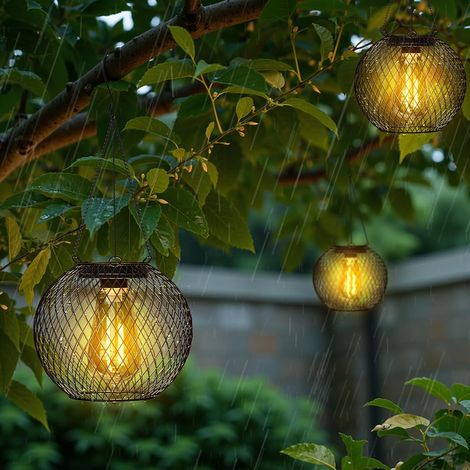 Lot de 2 lampes solaires suspendues – Style rétro en maille métallique – Lampe vintage – Étanche – Décoration pour jardin, terrasse et arbres (1/4)