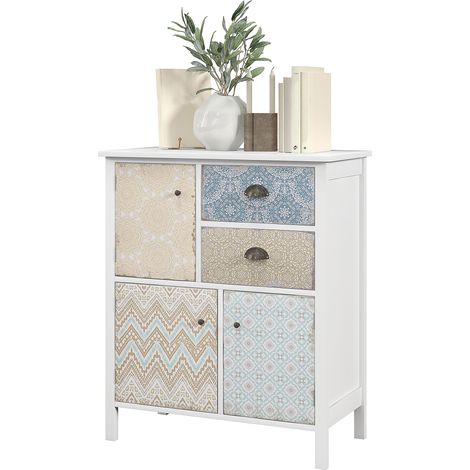 Commode chic délabrée 2 tiroirs 3 compartiments armoires bois pin blanc 68x34x80cm