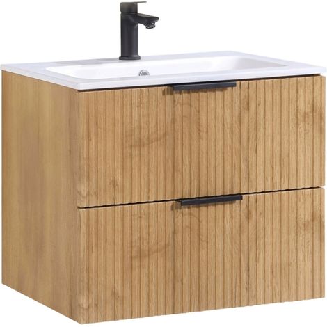 Kometmöbel Meuble Vasque Suspendu 60 cm Chêne - Ensemble Salle de Bain avec 2 Tiroirs Soft-Closing (Chêne ranurée 60cm, Sans Robinet) (1/5)