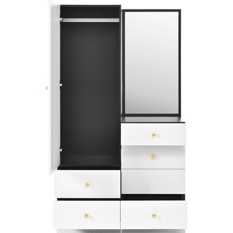 Armoire multifonctionnel avec miroir pleine longueur, tiroirs compartimentés et tabouret escamotable en MDF noir et blanc (1/5)