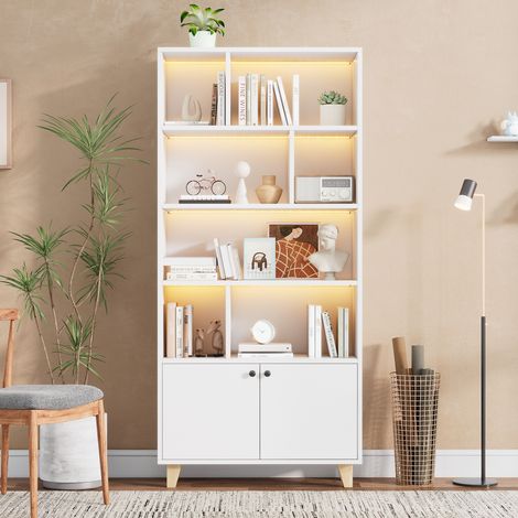 Libreria, 4 livelli di ripiani, illuminazione LED a colori variabili, 2 ante, piedi in legno massello, 80x30x173 cm, design moderno, Bianco (1/5)