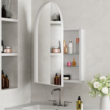 Stylish Arched Mirror Cabinet, Recessed Medicine Cabinet, Wall Cabinet with Metal Framed, Mirror and Adjustable Shelves, Mirror Cabinet with Storage for Bathroom, Living Room and Bedroom, White (1/5)