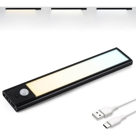 Éclairage LED pour meubles avec détecteur de mouvement, 20 cm, rechargeable USB-C, intensité réglable, fixation magnétique, 3 températures de couleur, sans fil, fonctionne sur piles, noir (1/5)