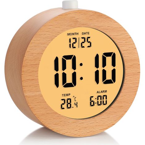 Digitaler Wecker aus Holz für Schlafzimmer, batteriebetriebener 4-Zoll-Wecker mit Schlummerfunktion und Nachtlicht, elektronische LCD-Schreibtischuhr mit Anzeige von Uhrzeit, Datum, Temperatur, 12/24 