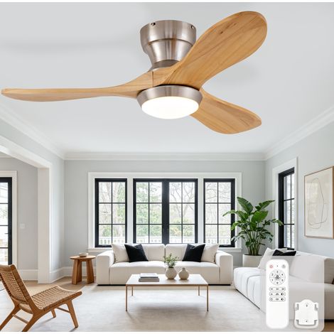 Ventilateur de plafond silencieux avec pales en bois massif, moteur réversible, 6 vitesses, finition noyer naturel (1/5)