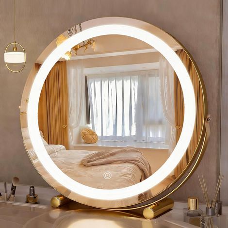 Miroir de courtoisie Rond avec lumières, Miroir de Maquillage LED 40 x 40 cm, Miroir Lumineux avec réglage de la luminosité, 3 Couleurs à intensité Variable, Tactile Intelligent et Rotation à (1/5)