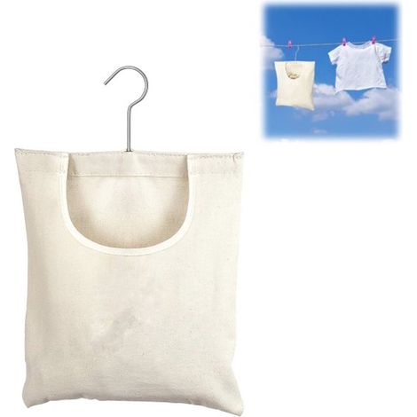 Bolsa para pinzas de ropa, juego de una pieza, soporte de lona para pinzas con gancho de metal, abertura amplia, 32 x 27 cm, color beige, para uso interior y exterior. (1/5)