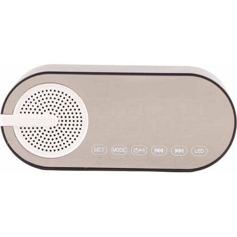 Enceinte Bluetooth 5.0, horloge miroir, basses profondes, radio FM, réveil numérique rechargeable avec lumières colorées et accents noirs.