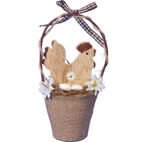 Gallo di legno in un cestino di decorazioni pasquali (1/2)