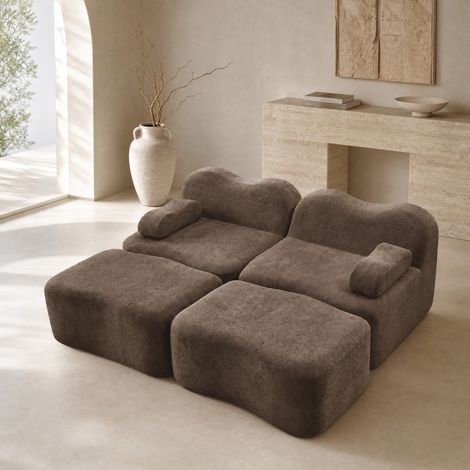 Sofá modular de 2 plazas con 2 otomanas, espuma 32D de alta densidad, terciopelo marrón HAVRYA (1/5)