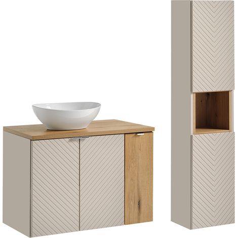 Conjunto mueble lavabo individual 80cm 3 puertas y columna Manoa Cachemira y Madera (1/4)