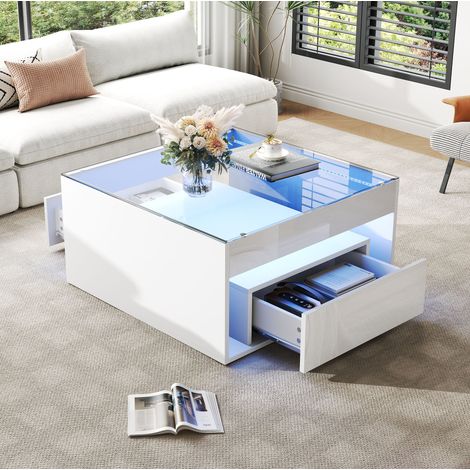 Tavolino da caffè 70 x 70 x 35 cm con 2 cassetti, LED, vetro temperato, bianco OKMYHOME (1/5)