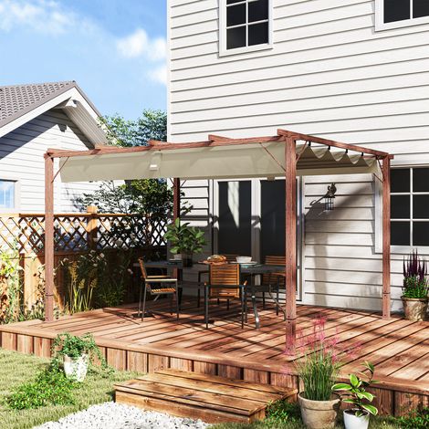 Pergola avec toit rétractable. Fixation par piquets et vis. En polyester et aluminium. 382 x 300 x 232 cm. Coloris bois.