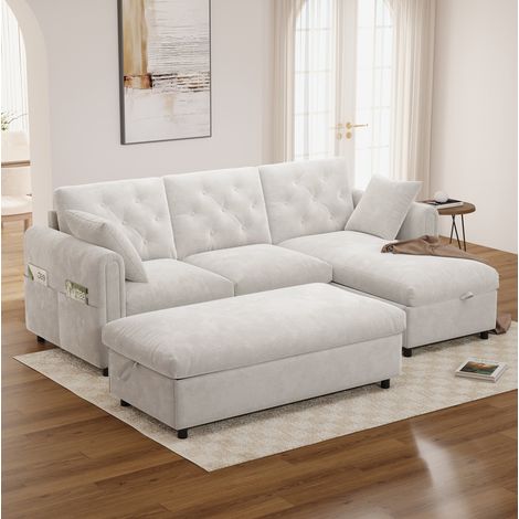 Canapé en velours avec méridienne réversible et pouf coffre, 219 x 131 x 86 cm, beige (1/5)