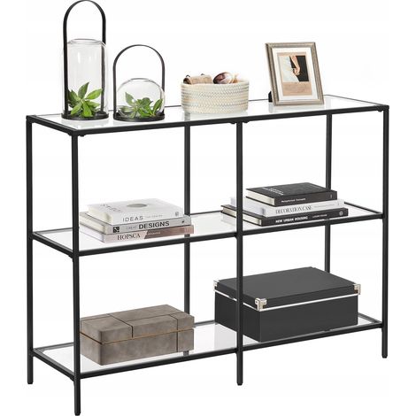 VASAGLE Mesa de Consola, Mesa de Entrada con 3 Estantes, Estantería de Vidrio Templado, 100 x 30 x 73 cm, Marco de Acero, Moderno, para Salón, Dormitorio, Pasillo, Negro (1/3)