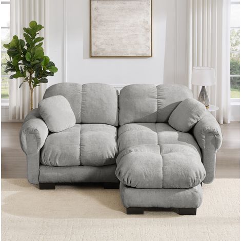 2-Sitzer Ecksofa mit Ottomane hellgrau in Chenille mit Steppnähten (1/5)