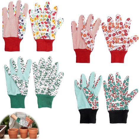 Lot de 4 Gants de Jardinage Antidérapants et Résistants aux Épines - Gants de Jardin Confortables avec Motifs Floraux pour Jardinage, Nettoyage, Camping (1/5)