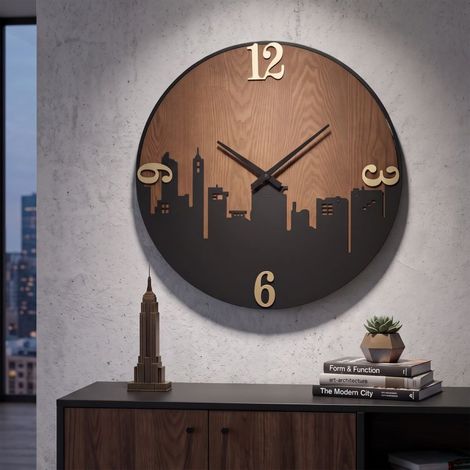 Reloj de pared de 60 cm «City», en negro y madera (1/5)