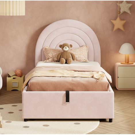 Cama infantil tapizada rosa 90x200 cm de terciopelo, con almacenaje hidráulico y cabecero acolchado (1/5)