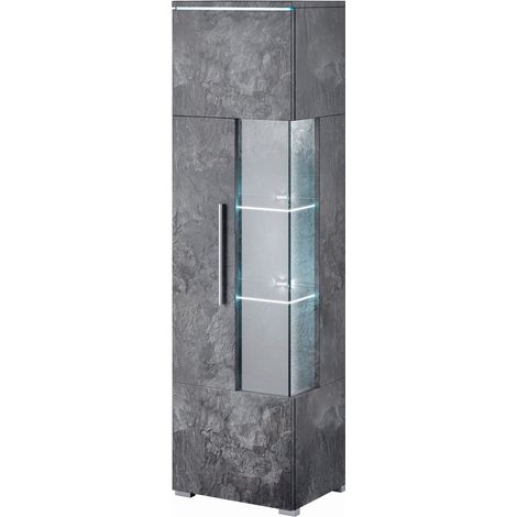 Estantería Torvire 106, Hormigón oscuro, Cerrable, Con puertas, Vidrio, Aglomerado laminado, Número de puertas: 1, Número de cajones: 0, 160x45x35cm (1/2)
