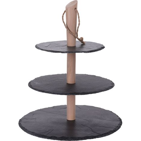 Schiefer Etagere 36 cm - 3 Platten - Servierplatte mit Holzständer - Etagenständer 3-stöckig
