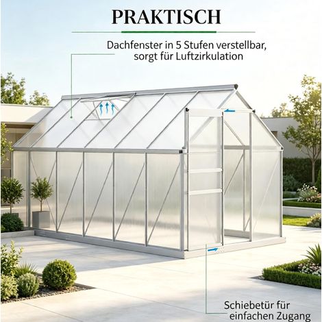Serre de jardin walk-in 375x190x199 cm en aluminium et polycarbonate argentée, stable – MEUBLIV (1/5)