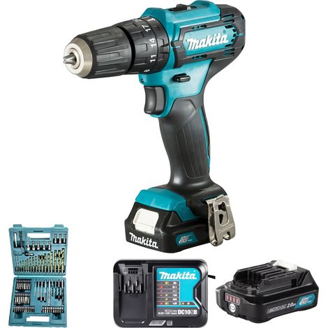 Taladro de percusión a batería Makita HP 333 DSAX1 12 V 30 Nm + 2x batería recargable 2,0 Ah + cargador + juego de brocas y puntas de 74 piezas + maletín (1/10)